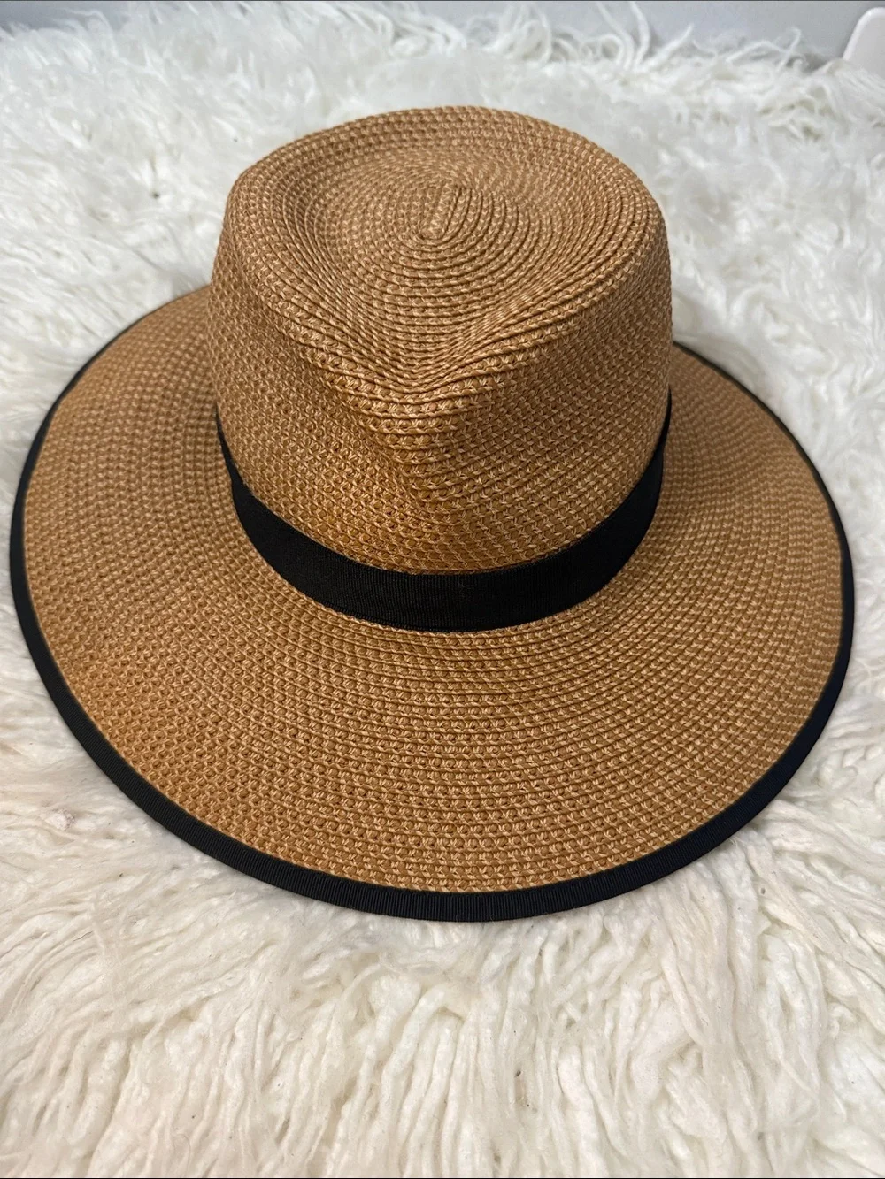Eric Javits Sun Crest Pacable Hats Wide Brim Straw Sun Hat with Black Trim  OS